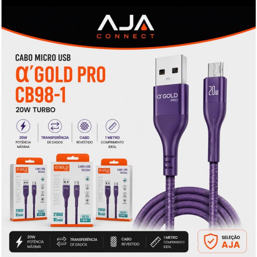Cabo Micro USB α'GOLD PRO CB98-1 20W Turbo Revestido em Tecido Carregamento Rápido