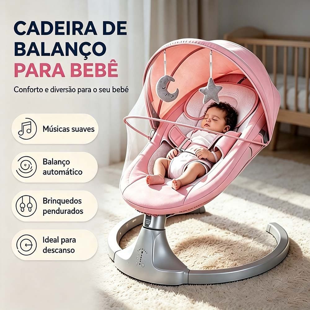 Cadeira de Balanço para Bebê com Controle Remoto - Música, Rede Mosquiteiro e Descanso Confortável