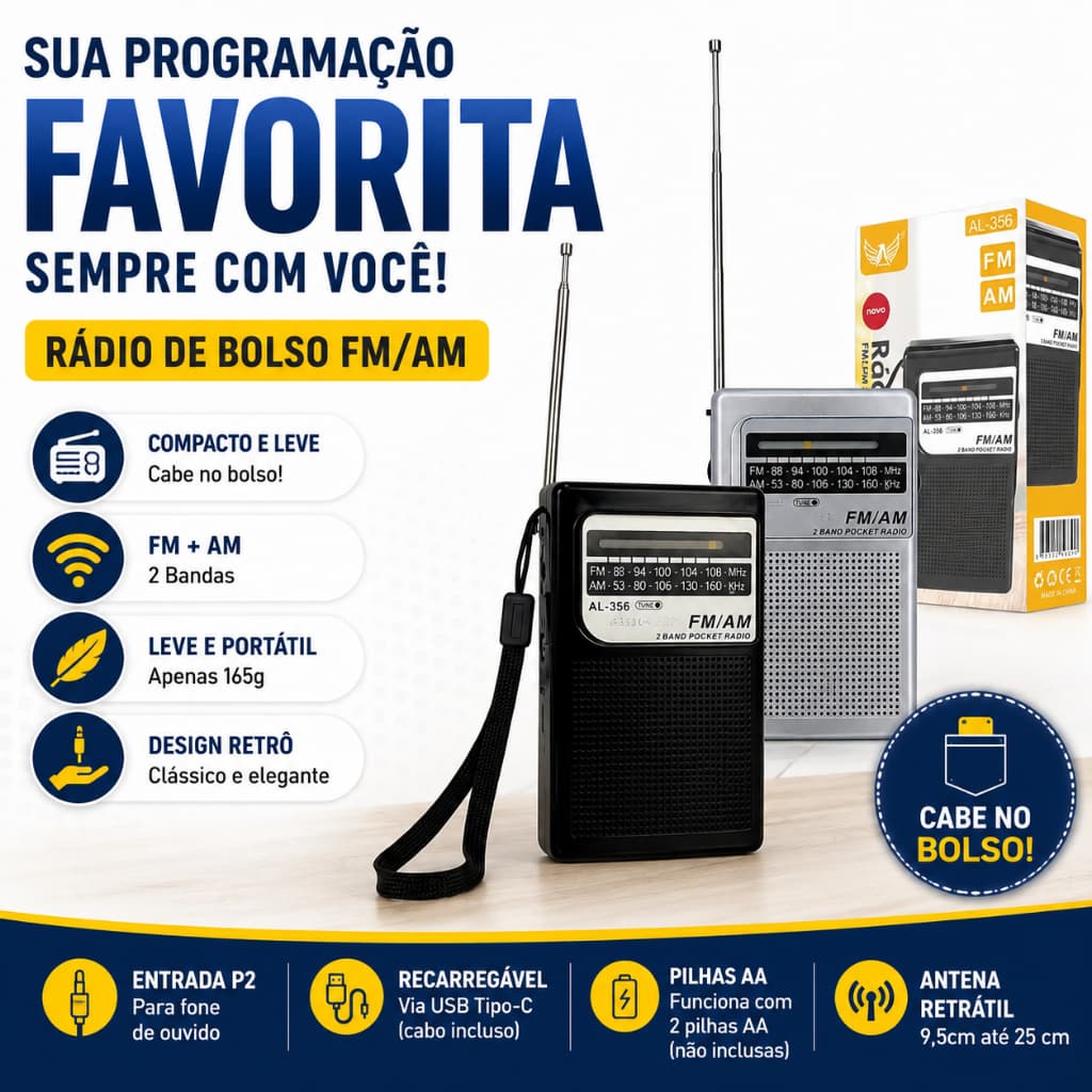 Rádio Portátil De Bolso Recarregável AM FM Bateria e Pilha com Alça + Fone de Ouvido Presente Pai Avo Futebol