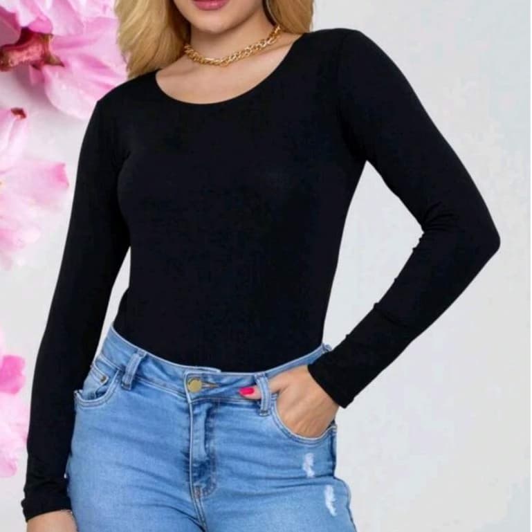 Blusa Segunda Pele Lisa Casual Gola redonda Manga Longa Comprida Preta Branca Moda De Frio Tendencia Outono Inverno
