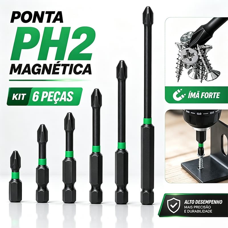 Kit 6 bits Phillips PH2 magnéticos aço S2 anti-impacto antiderrapante, encaixe sextavado 1/4 para parafusadeira