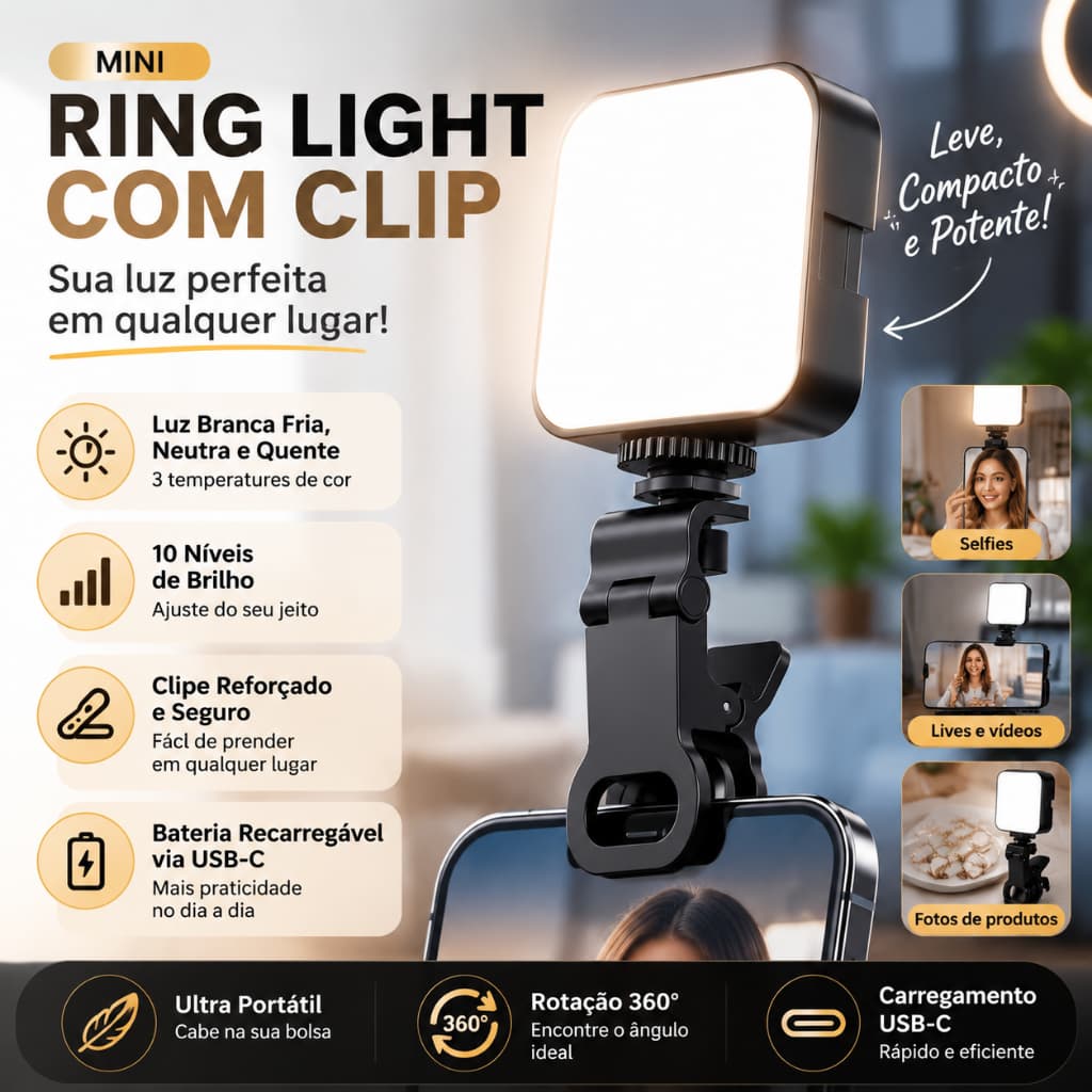 Mini Ring Light com Clip Recarregável USB-C LED 3 Temperaturas 10 Níveis de Brilho Luz para Celular Notebook Live Maquia