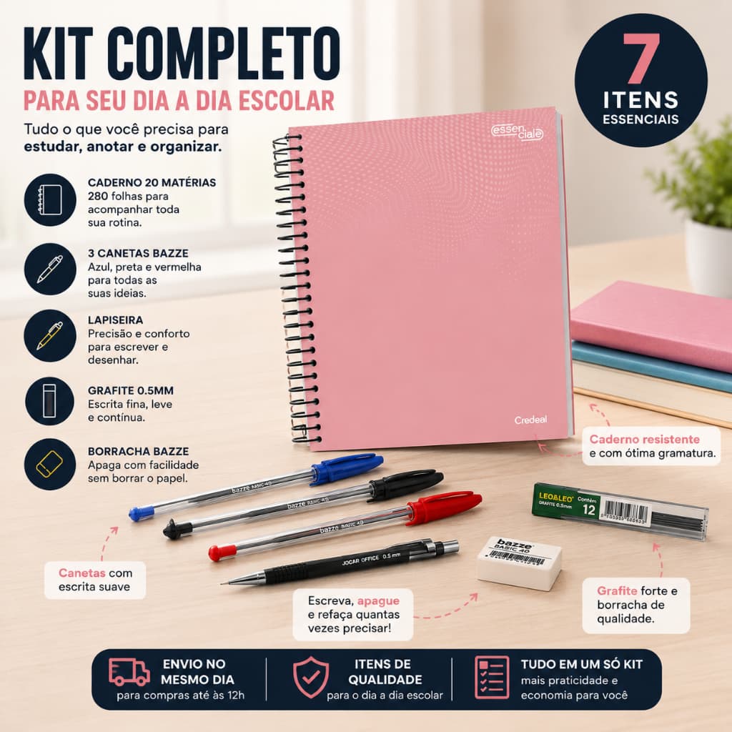 kit Material Escolar Caderno de 16 Matérias 240 Folhas + Material 3 canetas + Lapiseira + Grafite e Borracha