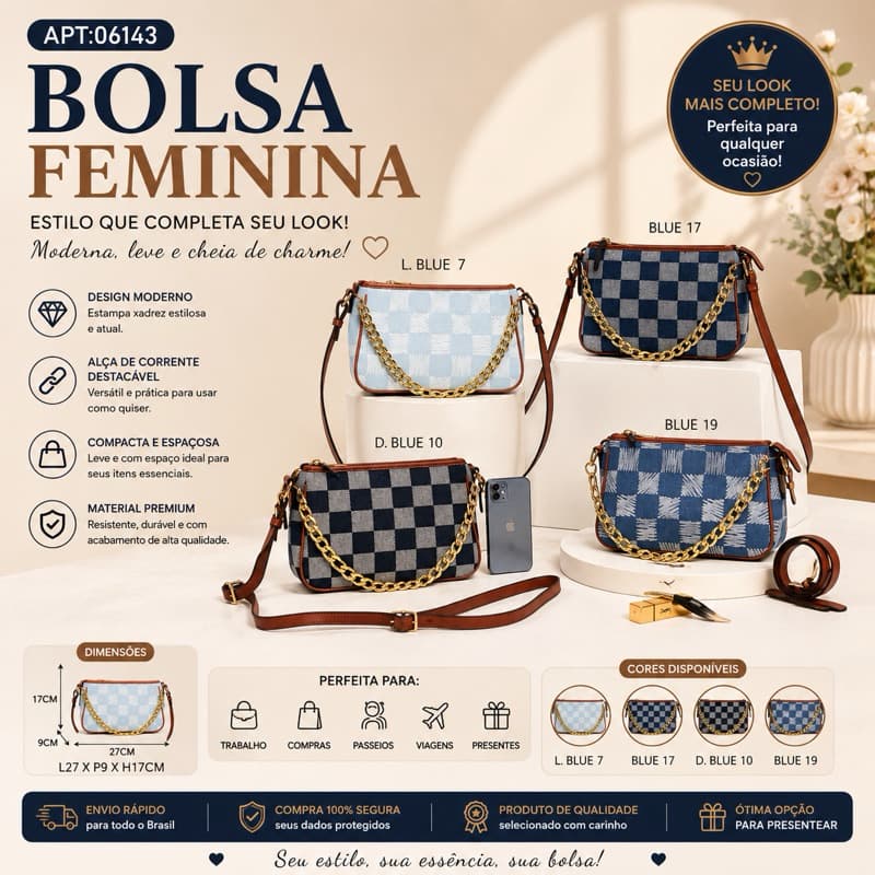 bolsa jeans Feminina Xadrez de Ombro e Transversal com Corrente Dourada 06143