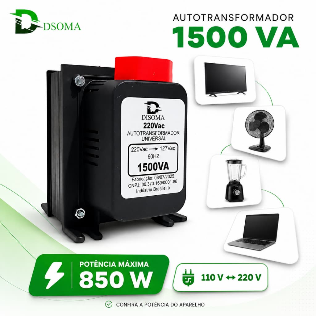 Transformador de Voltagem 1500VA 110V P/ 220V e 220V P/ 110V Slim Disoma Suporta até 850Watts