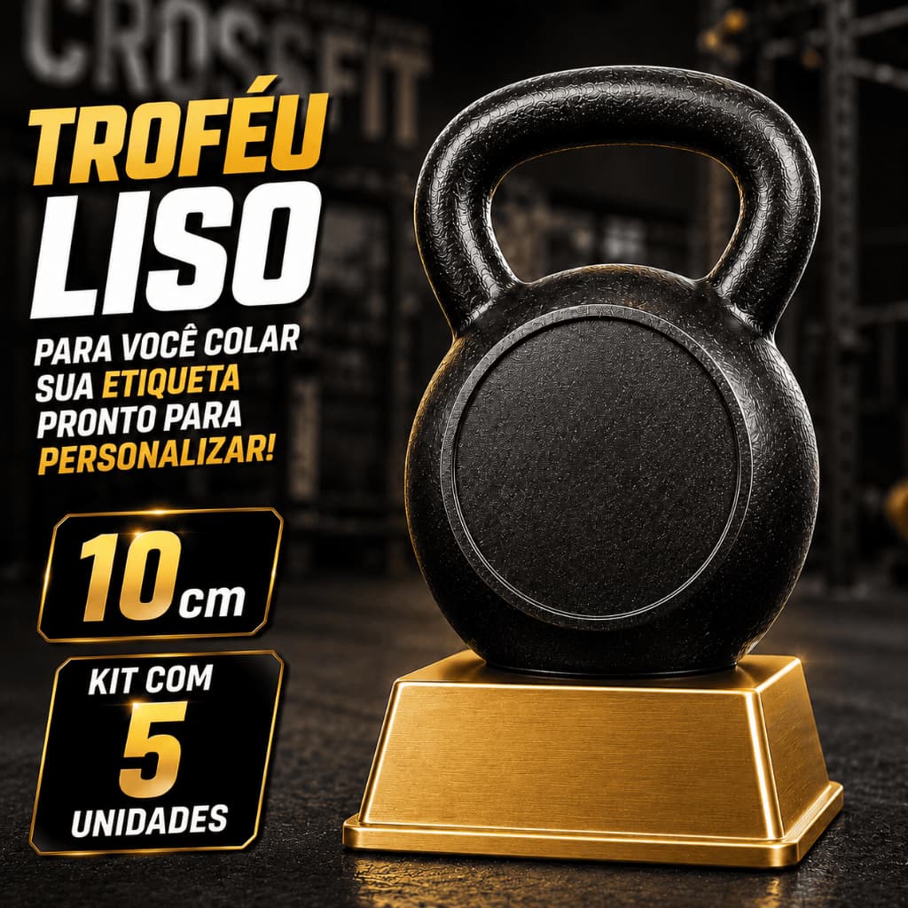Kit 5 Troféus CrossFit Academia 10cm Kettlebell Halter Preto e Dourado Liso para Colar Etiqueta