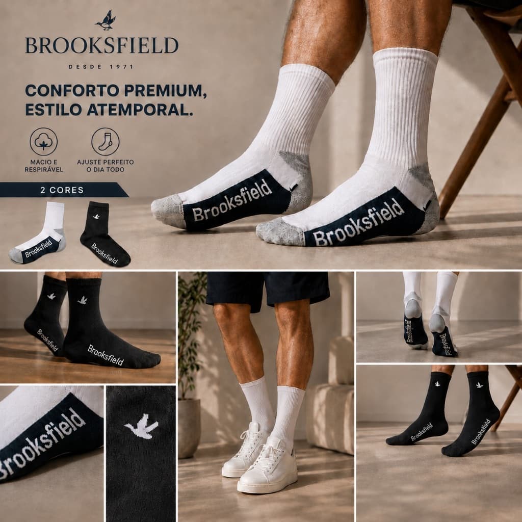 Meia Masculina Brooks Algodão Premium Cano Médio Macia Respirável Confortável Casual Um Par