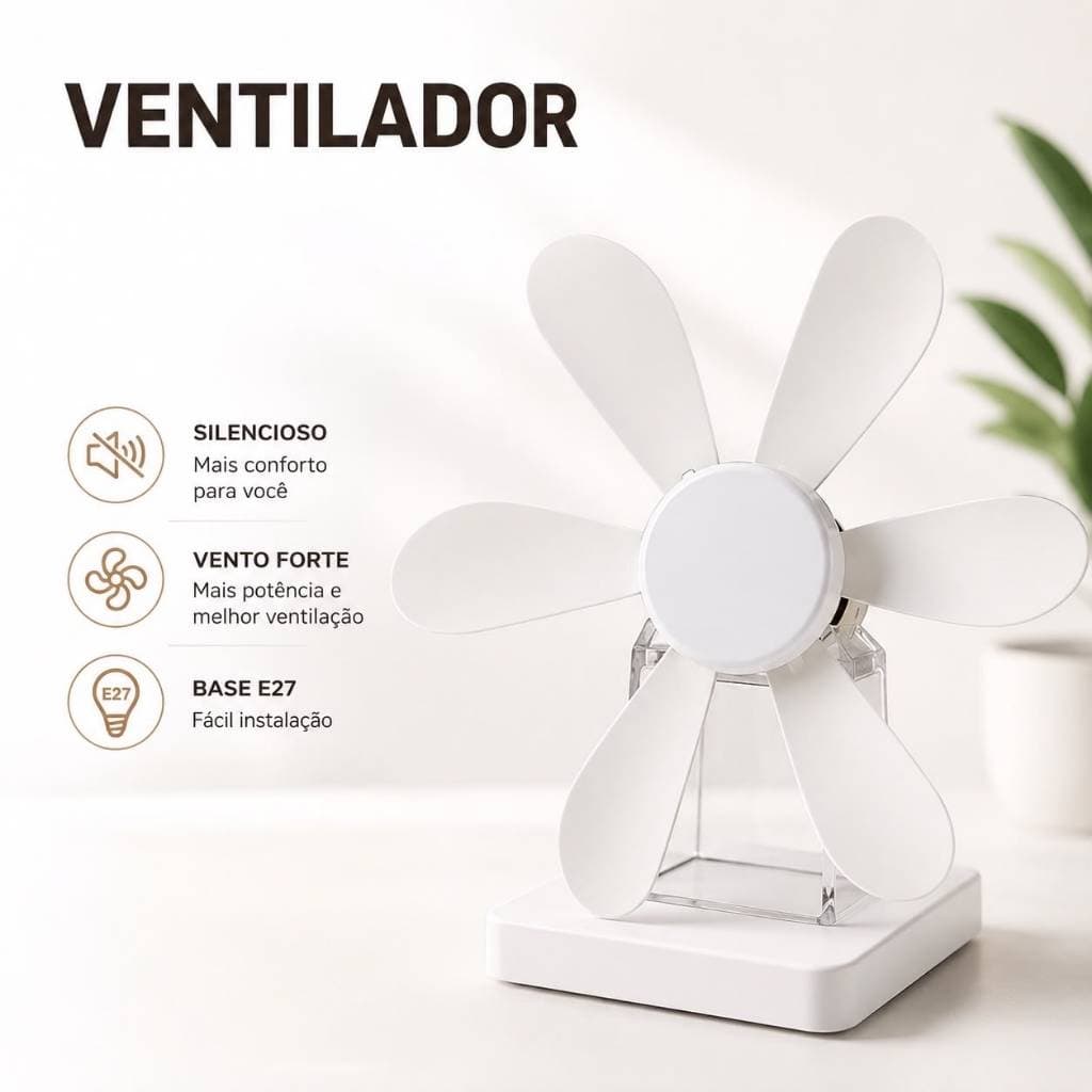 Ventilador de Teto Silencioso com Lâmpada Led Bulbo wtt Controle BF BQ Bivolt 5 Pás 06 hélices