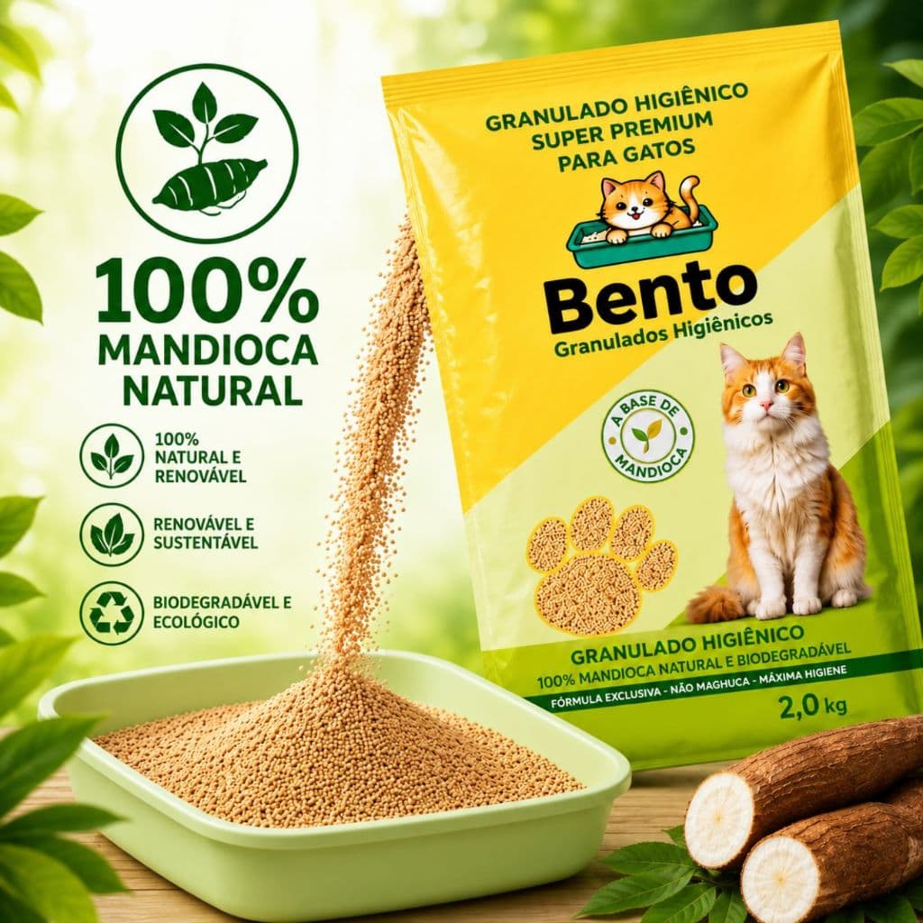 Areia Higiênica Para Gato 2kg Biodegradável 100% Mandioca Natural Alta Absorcão Sem Odor Premium Bento