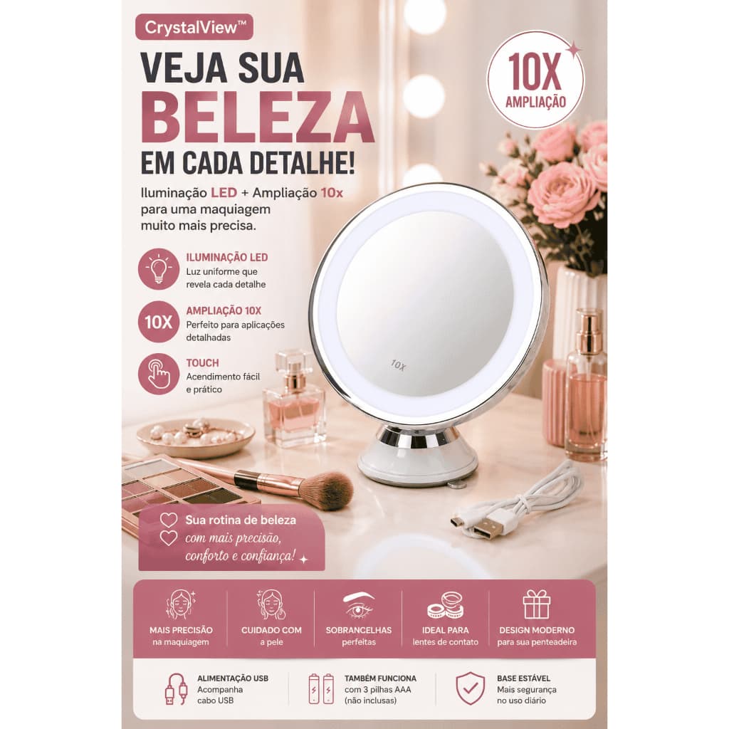 CrystalView™ Espelho de Mesa Redondo LED para Maquiagem 10x USB com Luz LED Branco Base Estável para Skincare Delineado