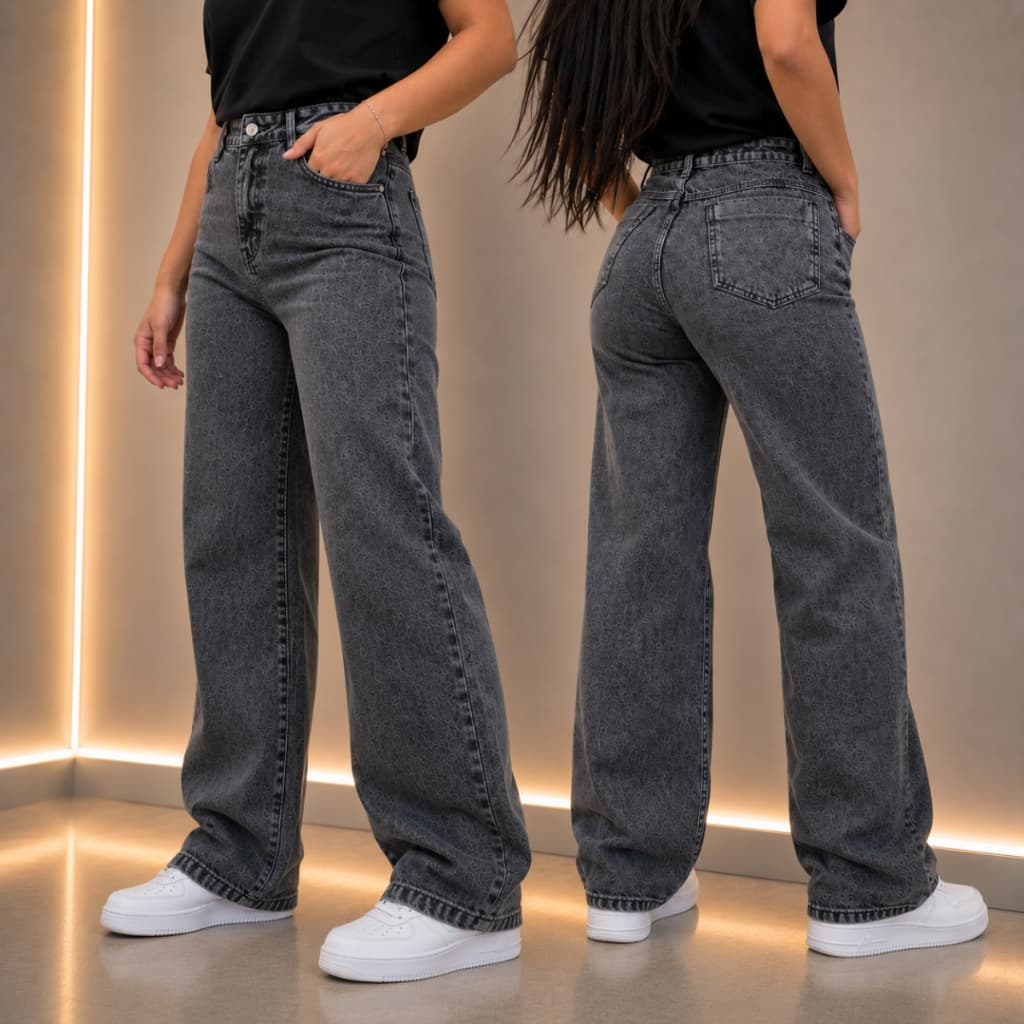Calça Jeans Wide Leg Feminina Cintura Alta Calça Jeans Grafite Feminina Estilosa Wide Leg Plus Size Jeans Premium
