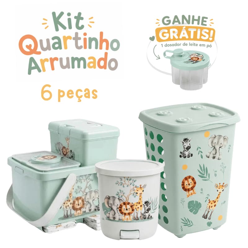 Kit 6 Peças Porta lenço + Caixa Organizadora + Porta Fralda + Lixeira 6,5L + Cesto 38L + Dosador de Leite