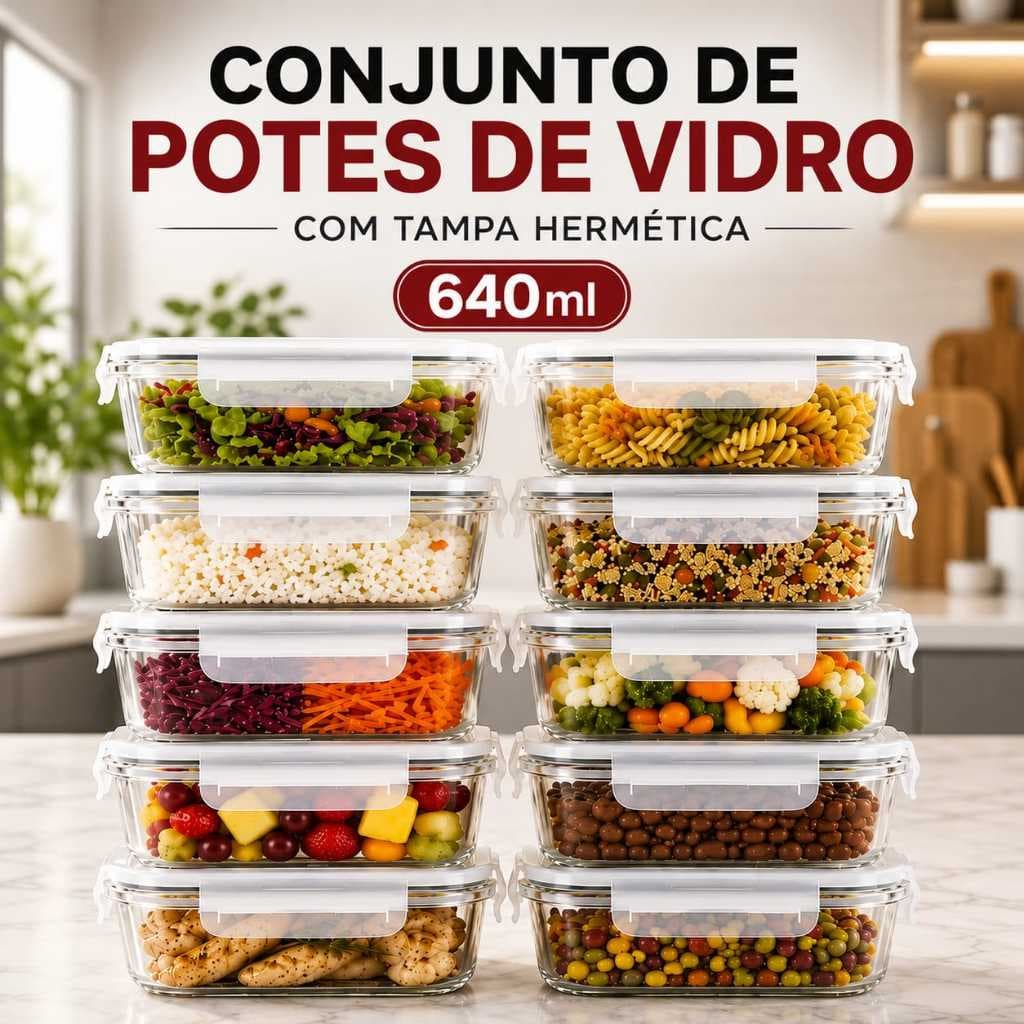Kit 2/3/5 Potes de Vidro Hermético 640ml Borossilicato Retangular Marmita Tampa 4 Travas