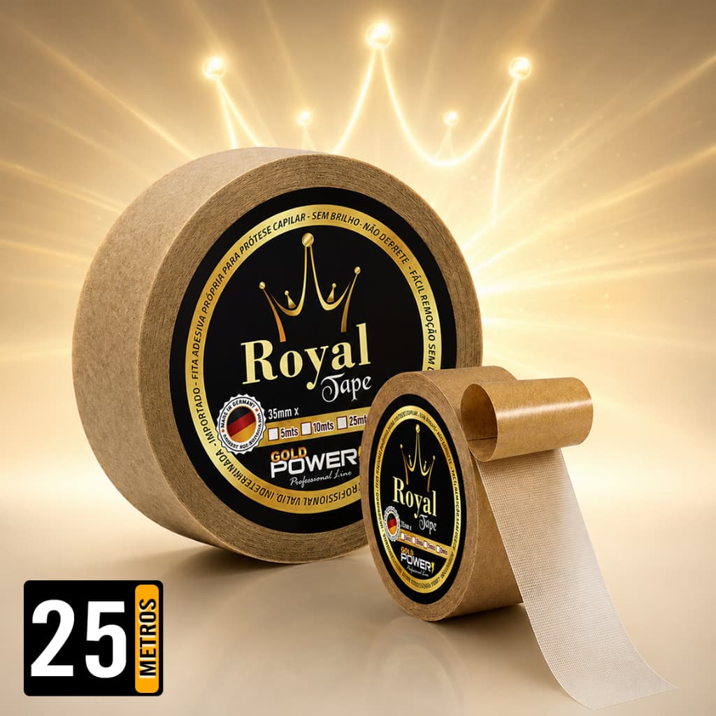 Fita Protese Capilar Royal Tape G Power 25m Dupla Face 3,5cm Adesiva Original Profissional Fixa Forte Cola Gold Peruca
