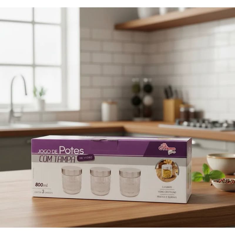 Jogo de Potes de Vidro com Tampa – Kit com 3 Unidades | 800 ml