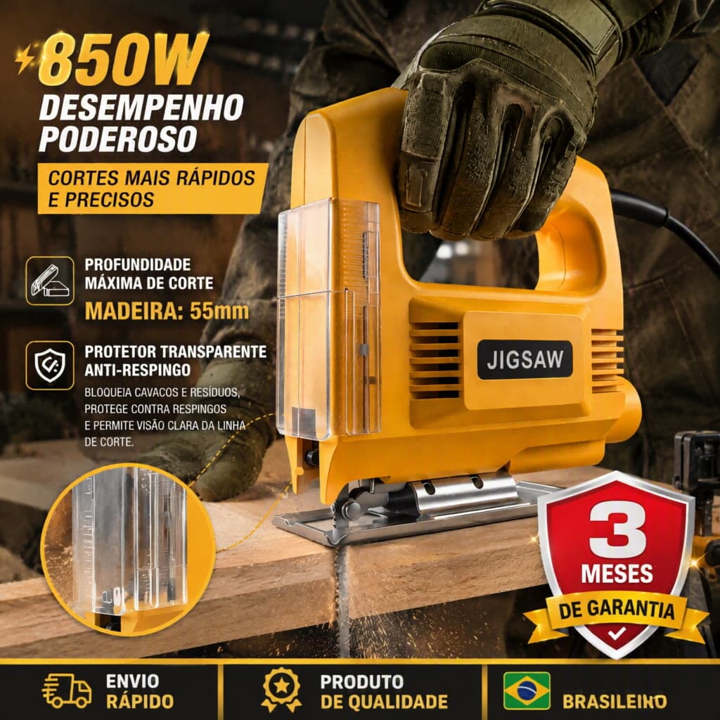 Serra Tico-Tico Elétrica 850W Profissional Corte Rápido em Madeira com Protetor Anti-Respingo