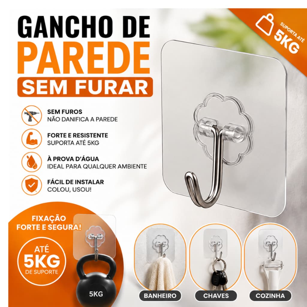 Gancho Adesivo de Parede Sem Furar Transparente  Multiuso Cozinha Banheiro