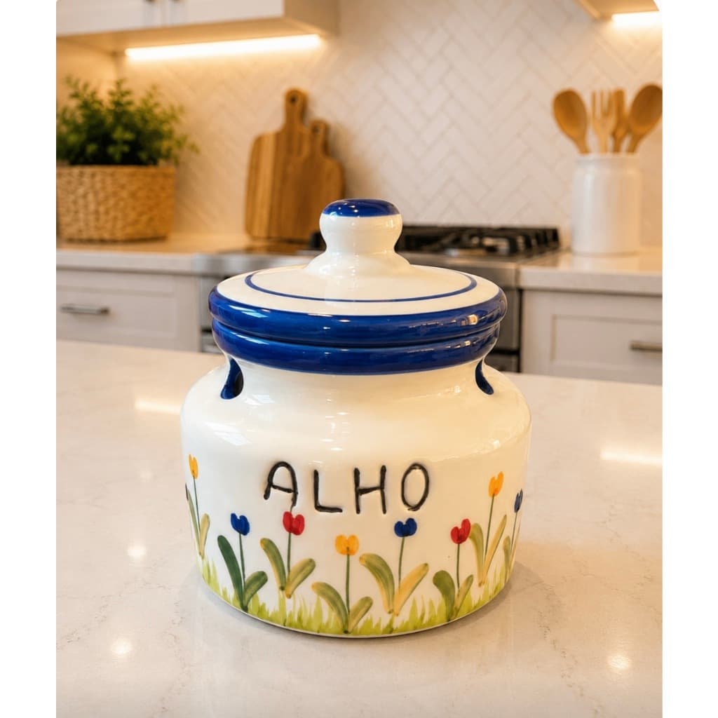 Porta Alho Grande Decorado Em Cerâmica Esmaltada Louça Porta Alho Cozinha