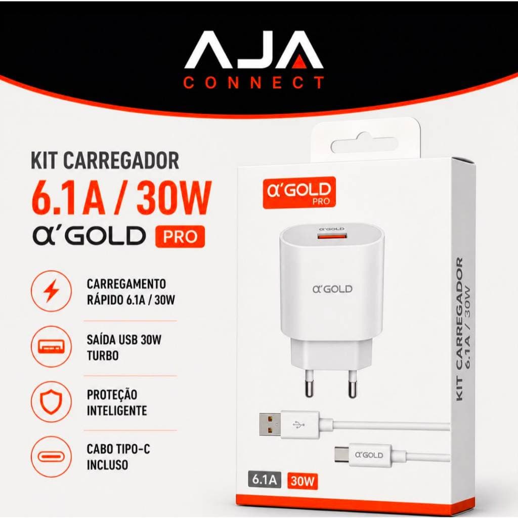 Kit Carregador Turbo 30W 6.1A α’GOLD PRO CA31-7 + Cabo USB Tipo-C