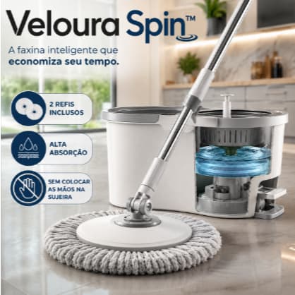 Veloura Spin™ Mop Giratório 360 Balde Centrífuga Grande 2 Refis Microfibra Limpeza Fácil para Todos os Pisos