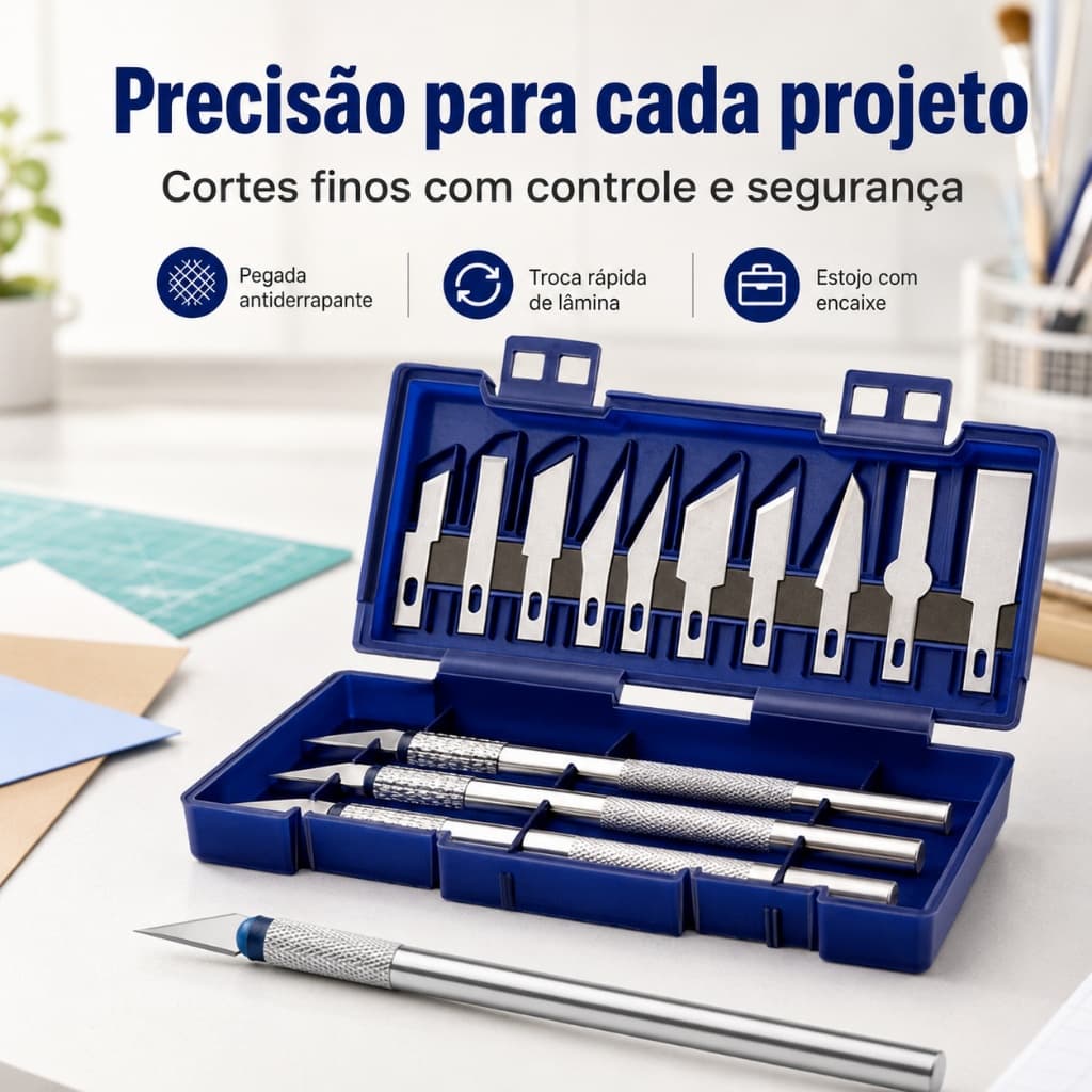 Kit Estilete Bisturi de Precisão 13 Peças com 10 Lâminas e Estojo para Artesanato, Scrapbook, Maquete e Modelismo, DIY