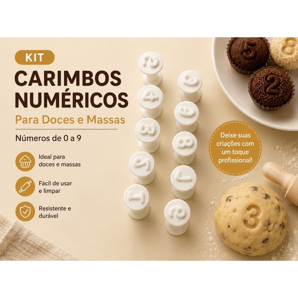 Kit Carimbos Numéricos 0 a 9 para Doces e Massas – Marcador de Números para Brigadeiros, Confeitaria e Biscuit