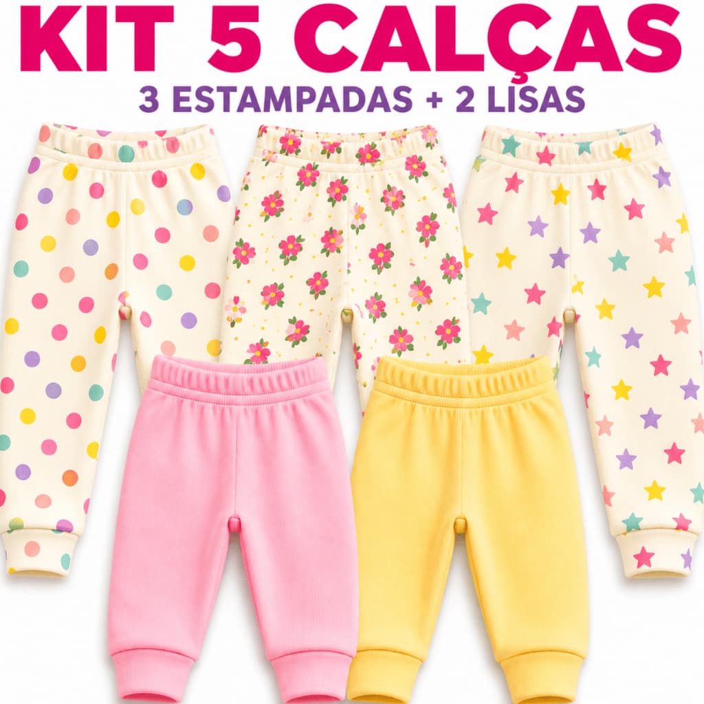 Kit 5 Culote Calça Bebê Menina Mijão 100% Algodão Malha Canelada Enxoval RN P M G