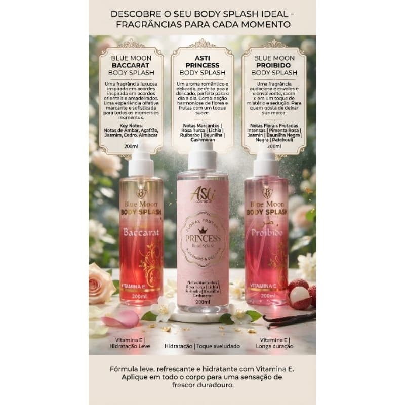 Body Splash Feminino 200ml (Baccarat / Asti Princess / Proibido) Vitamina E Hidrante Perfume Corporal