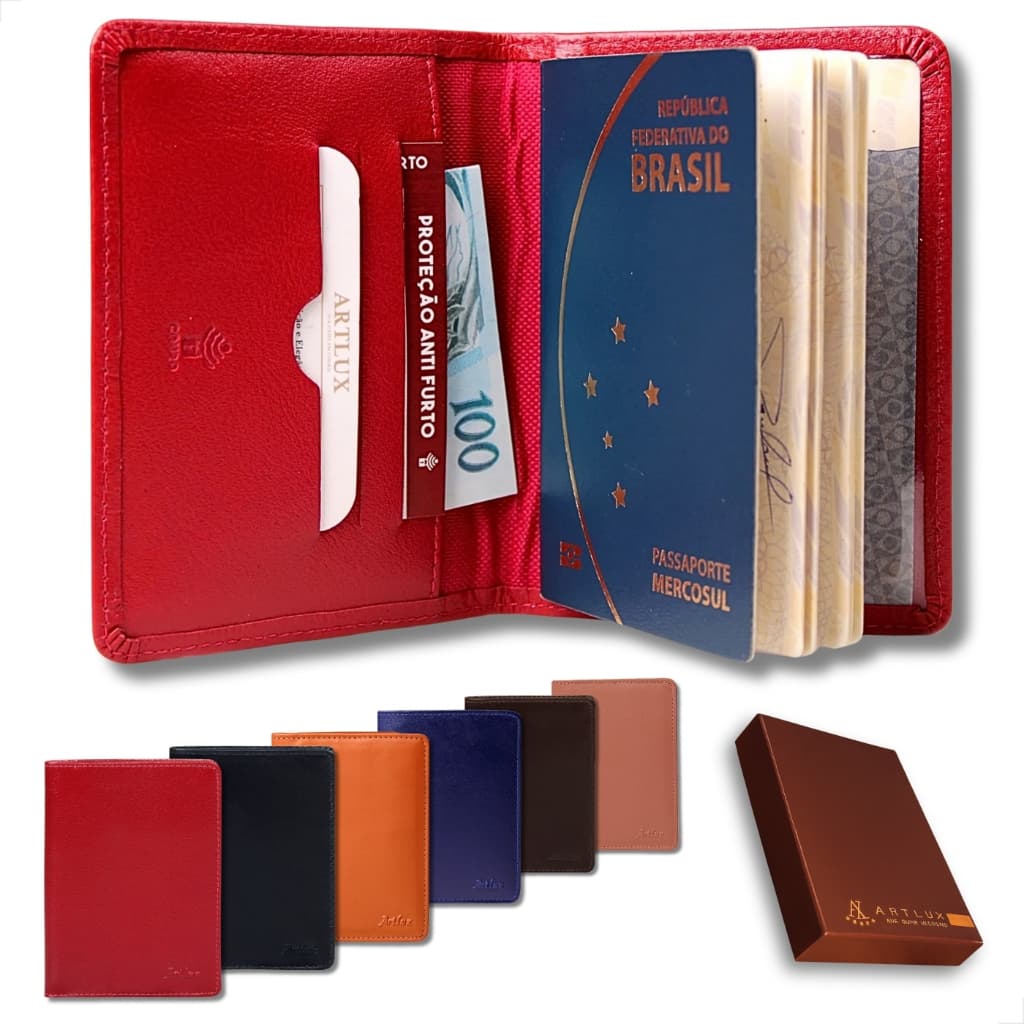 Capa Para Passaporte de Couro Legitimo com Carteira Porta Cartões e Proteção RFID Antifurto para Viagem