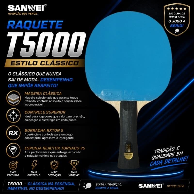 Raquete de tênis de mesa Sanwei T5000+RXTON 5 azul+Reactor Tornado V5 preta.
