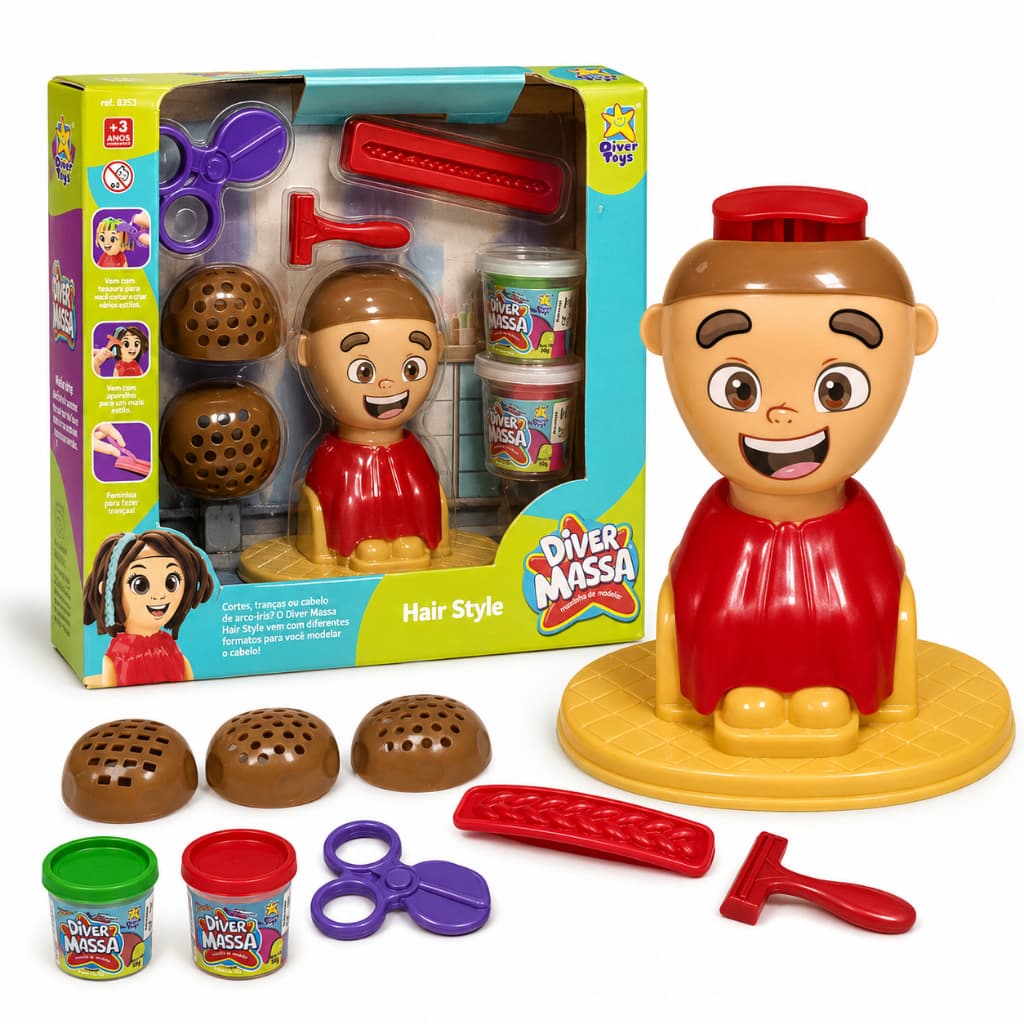 Diver Massa Hair Style Massinha De Modelar Cabelo Com Cores Infantil Busto Com Forminha Acessórios DiverToys 2 Potes 50g