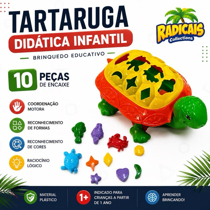 Tartaruga Didática Infantil com 10 Peças de Encaixe Brinquedo Educativo Formas Geométricas