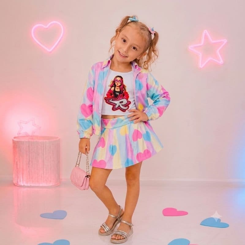 Conjunto Infantil  Emily Vick 3 Peças Croped Short Saia  e Corta Vento Modinha Blusa Emily Vick Foguete Ketlen Os Rosas