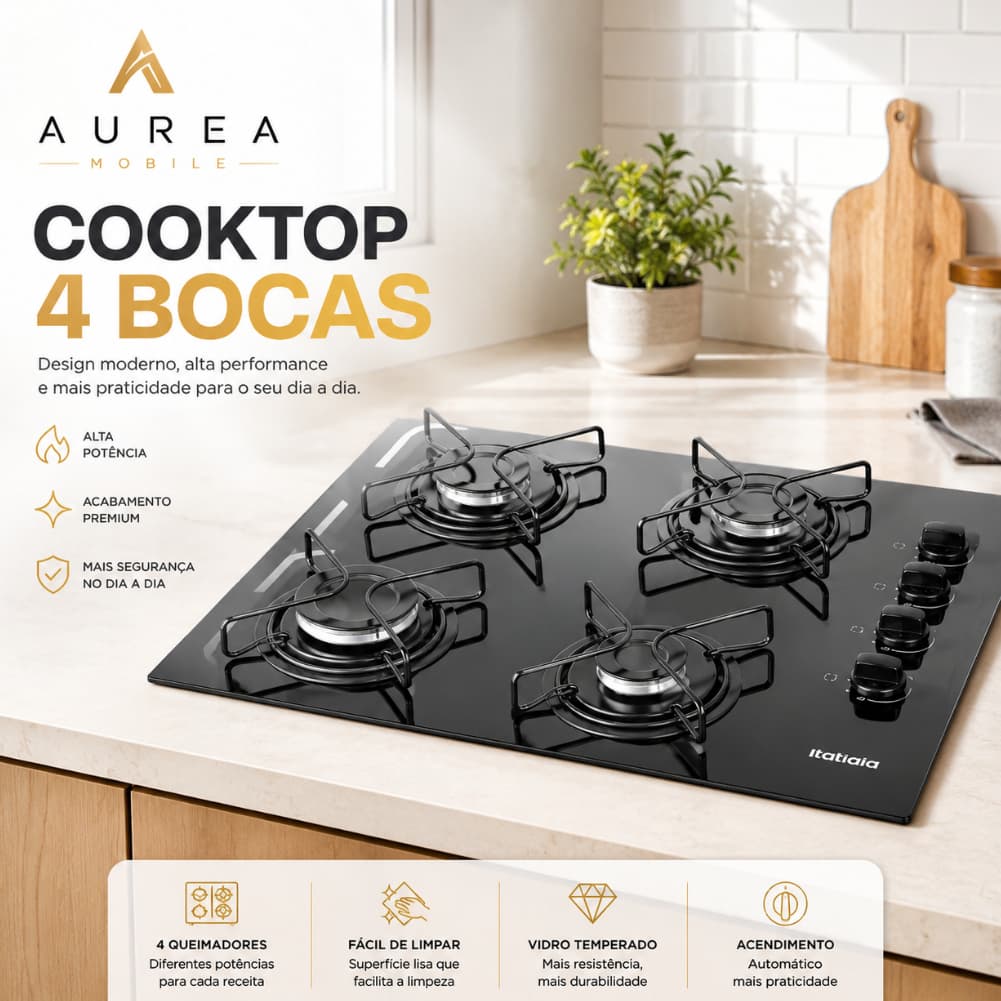 Cooktop 4 Bocas Preto em Vidro Temperado com Trempes Resistentes