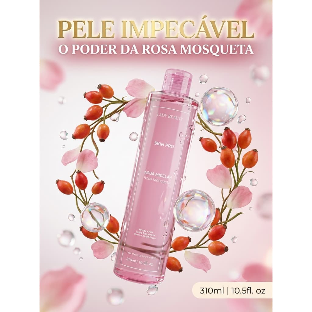 🌹✨ Água Micelar Rosa Mosqueta Lady Beauty Skin Pro – Limpeza, Hidratação & Regeneração!