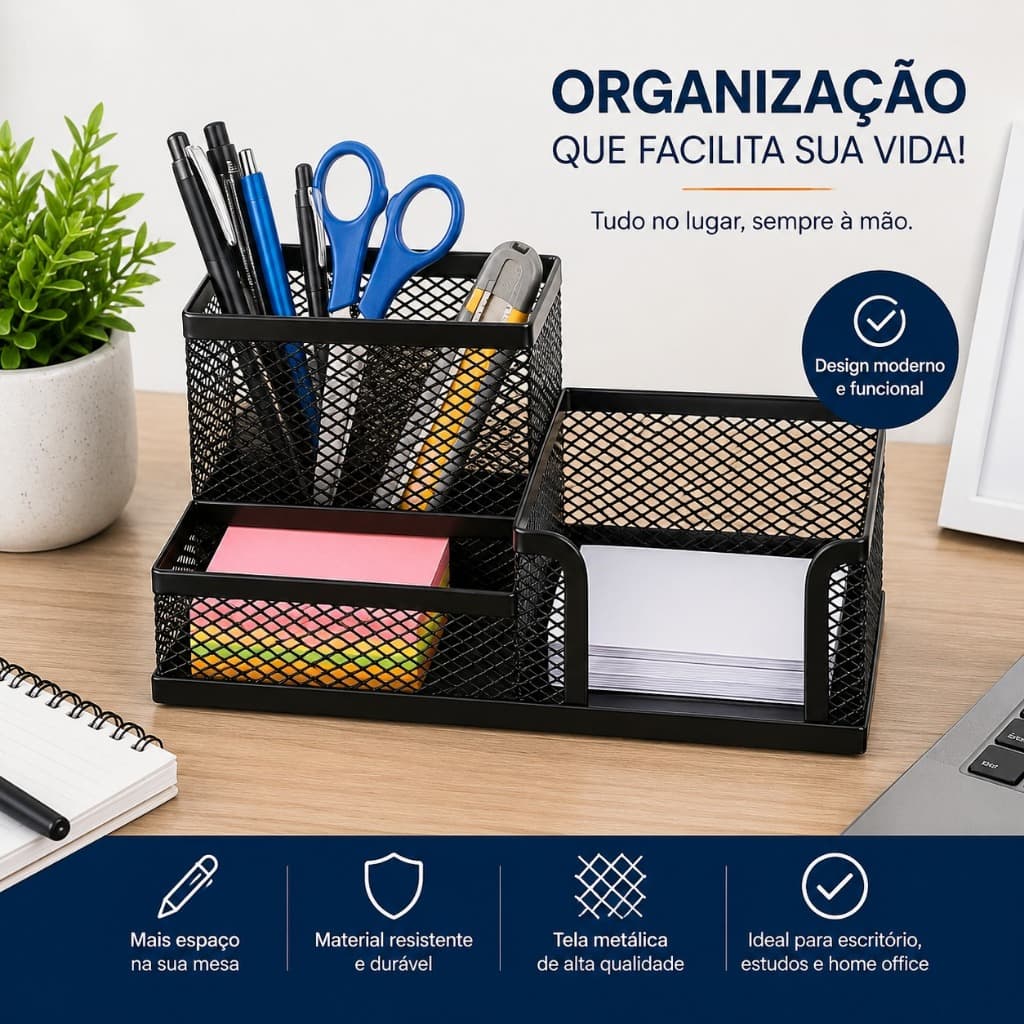 Organizador de Mesa Telado Porta Canetas Porta Bloco Porta Clips Escritório Home Office Metal Preto