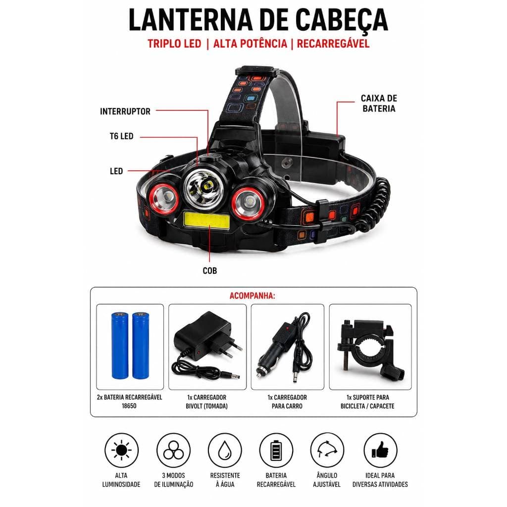 Lanterna De Cabeça Led T6 Recarregavel Premium