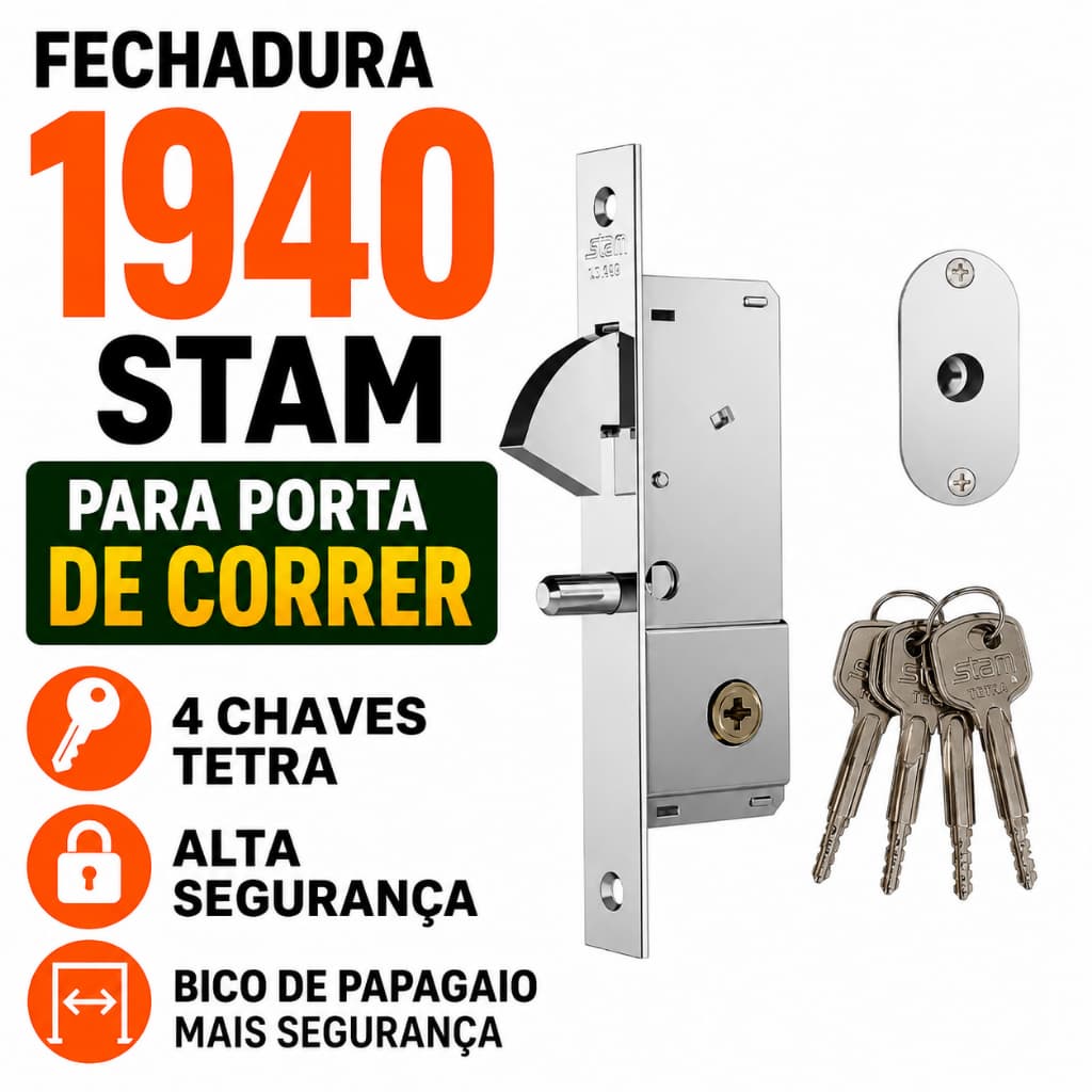 Fechadura Para Porta  de Correr de Madeira, Ferro e Aluminio.23mm Chave Tetra Stam 1940.