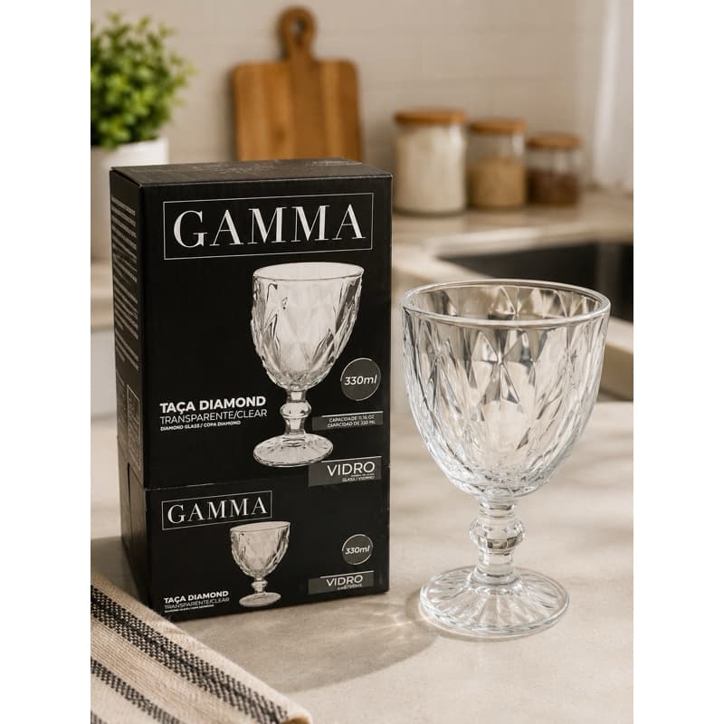 Jogo de 4 Taças de Vidro Luxo Diamond Bico de Jaca Vinho Suco Água 340ML