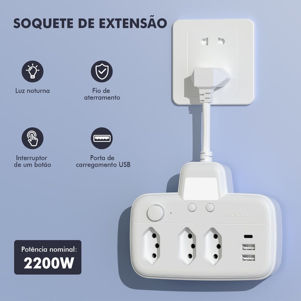 Extensão Coibeu Série Luar 3 Tomadas 2 USB 1 PD Bivolt Branco com LED 127/220V