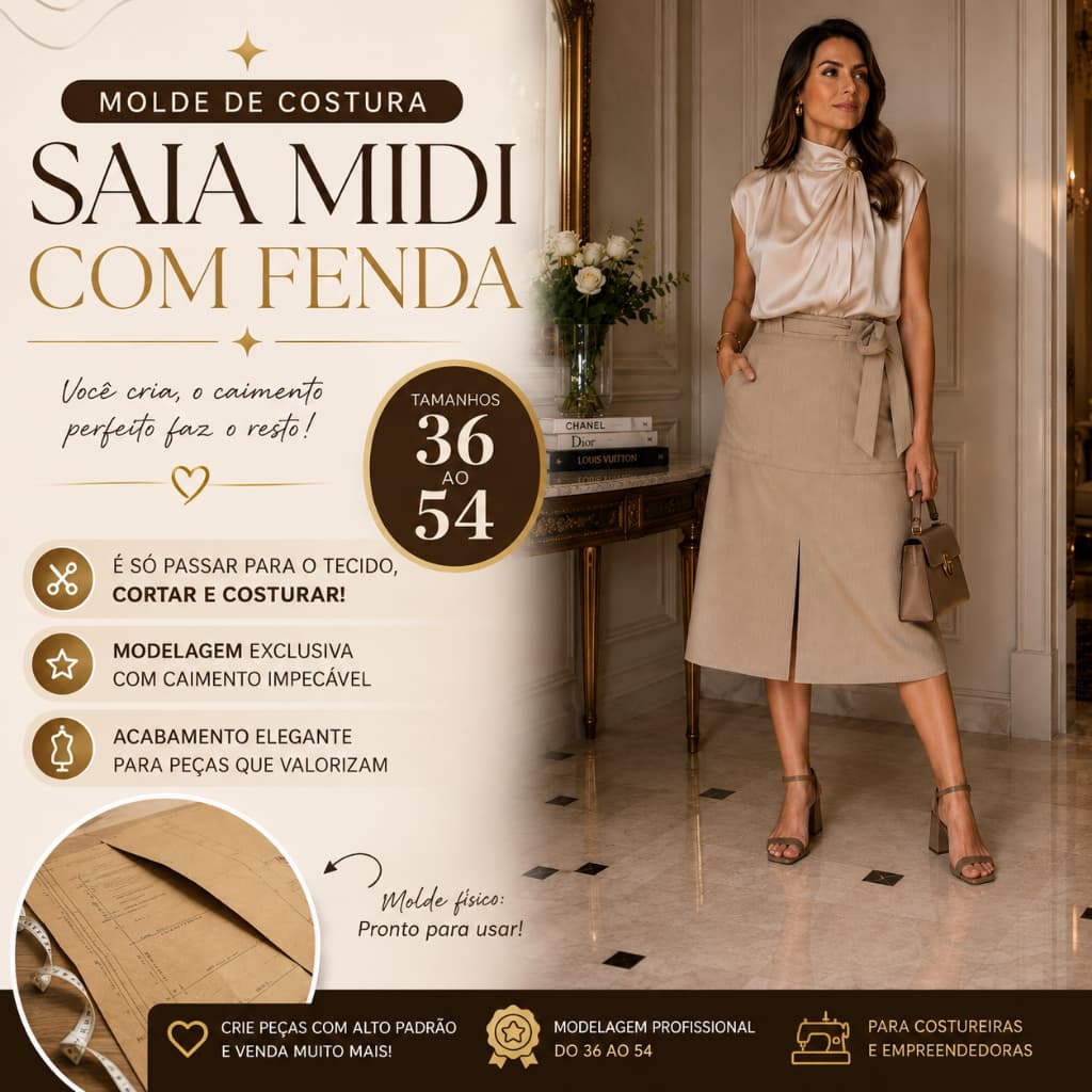 Molde de Costura Saia Midi com Fenda | Modelagem Feminina Tamanhos 36 ao 54