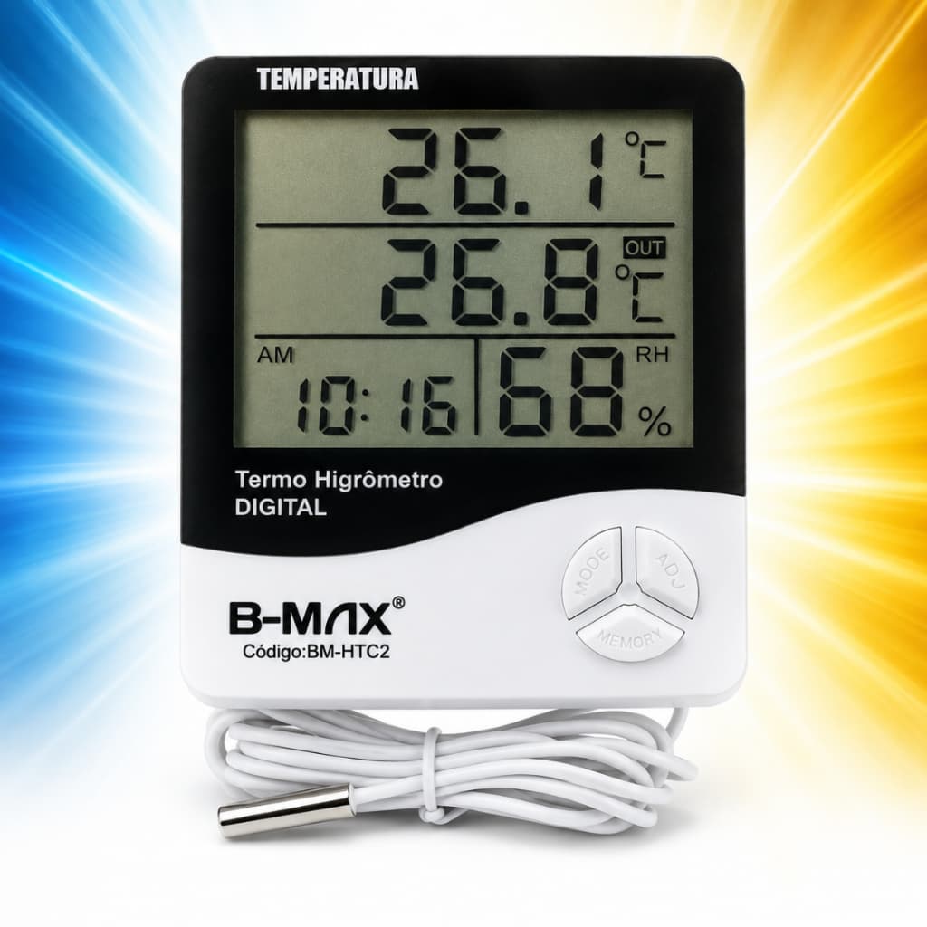 Termo Higrômetro Digital B-Max Sensor Externo Medidor de Temperatura e Umidade com Relógio Memória Máx Mín Termômetro