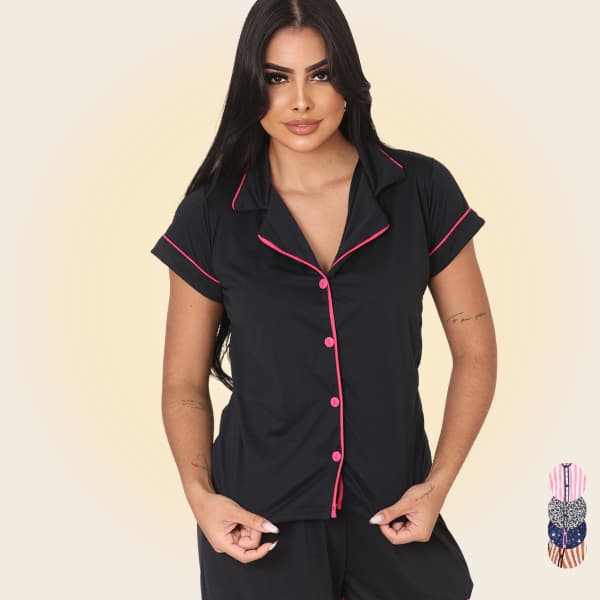 Pijama Feminino Americano Botão Funcional Golinha Manga Curta Amamentação Pós Cirúrgico Blogueirinha