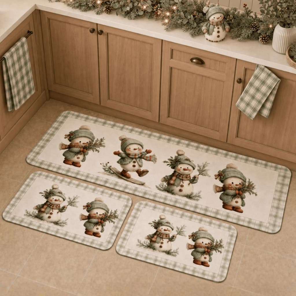 Kit 3 Peças Estampado Natalino 1 Passadeira 120x45cm + 2 Tapetes 65x50cm Antiderrapantes Cozinha