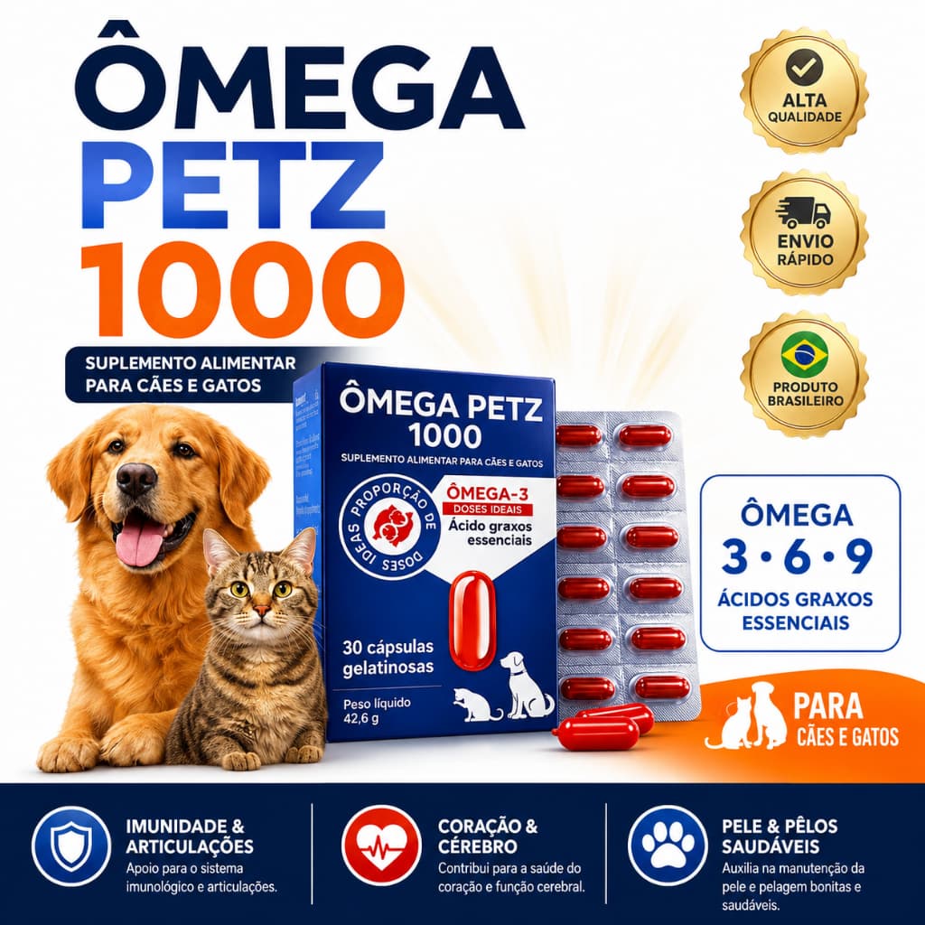 Ômega 3 Original para Cães e Gatos 1000mg | Suplemento Pet | 30 Cápsulas | EPA e DHA