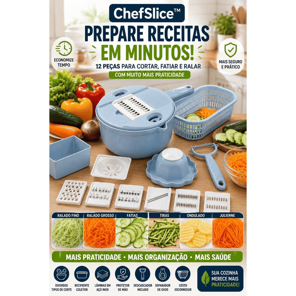 ChefSlice™ Kit Ralador e Fatiador de Vegetais Multifuncional 12 Peças com Recipiente Cortador Mandoline Descascador Lâmi