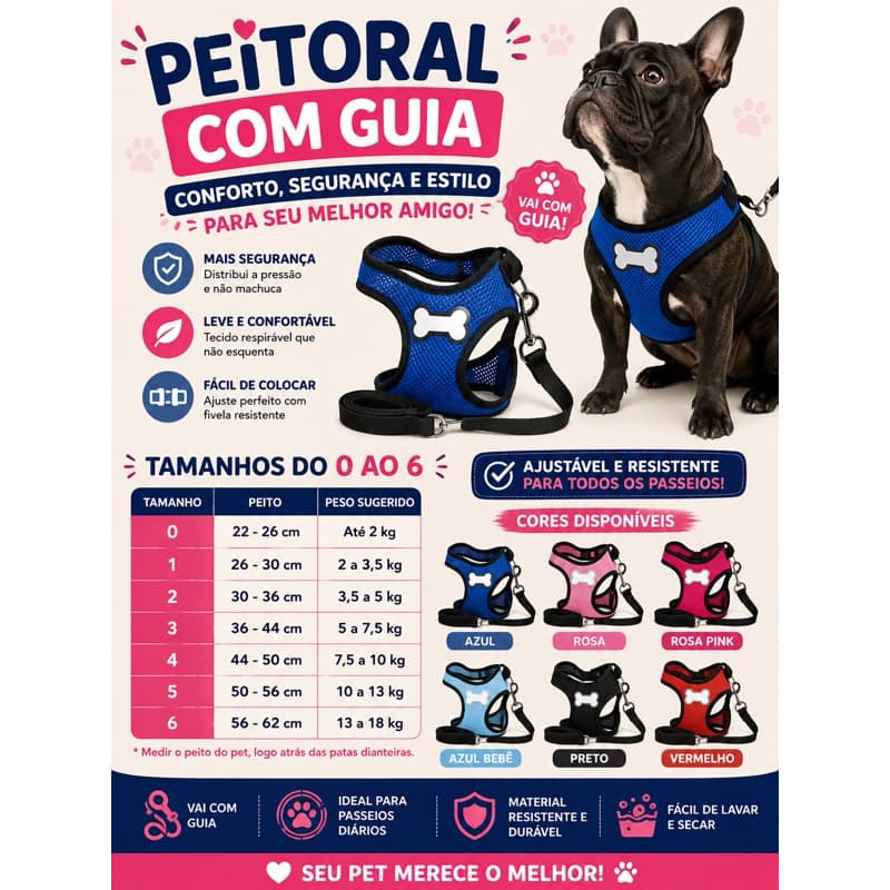 Peitoral com Guia para Cachorro e Gato Ajustável Respirável Tam. 0 ao 6