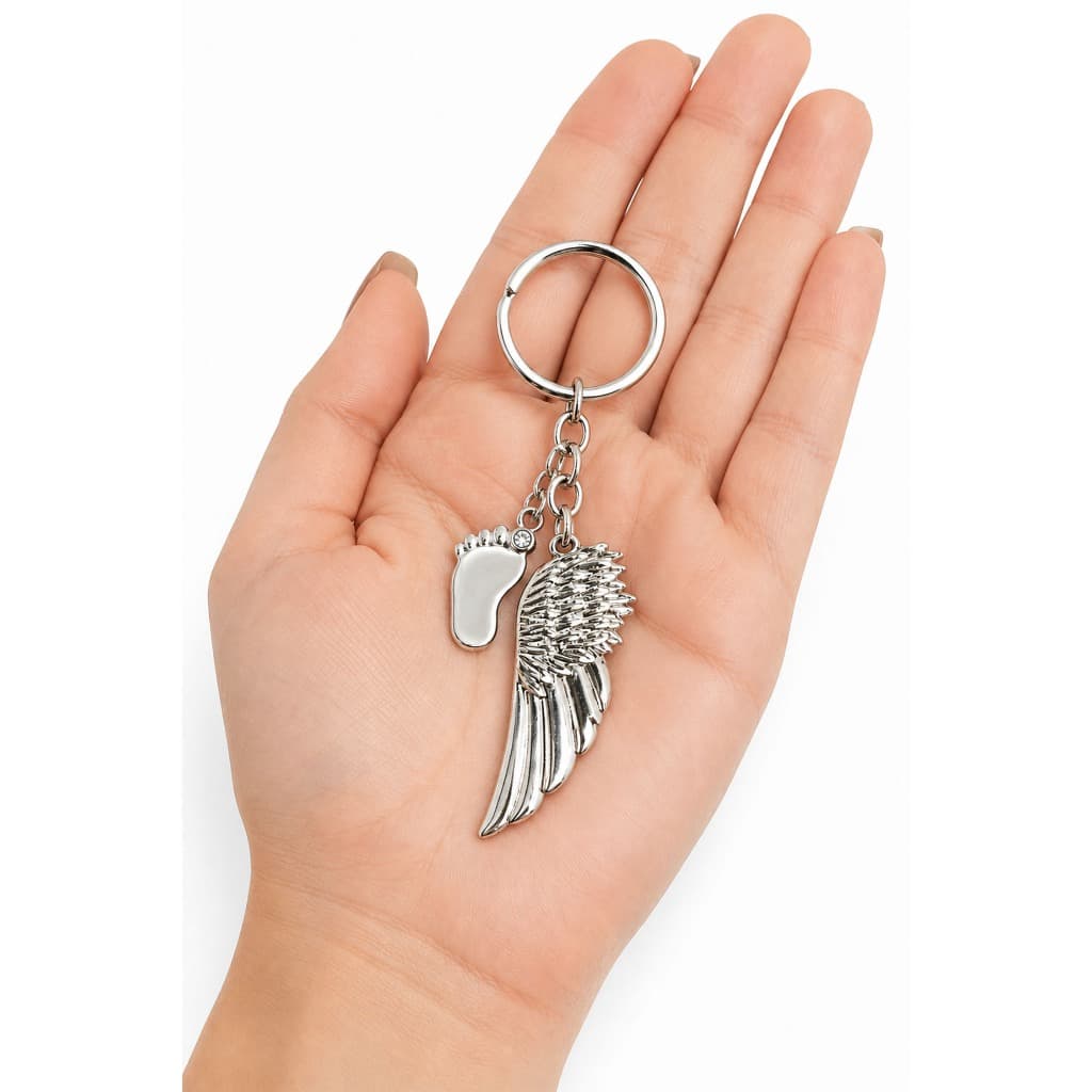 Chaveiro Asa de Anjo com Pezinho Bebê Prateado Lembrancinha Maternidade Delicada Bolsa Carro