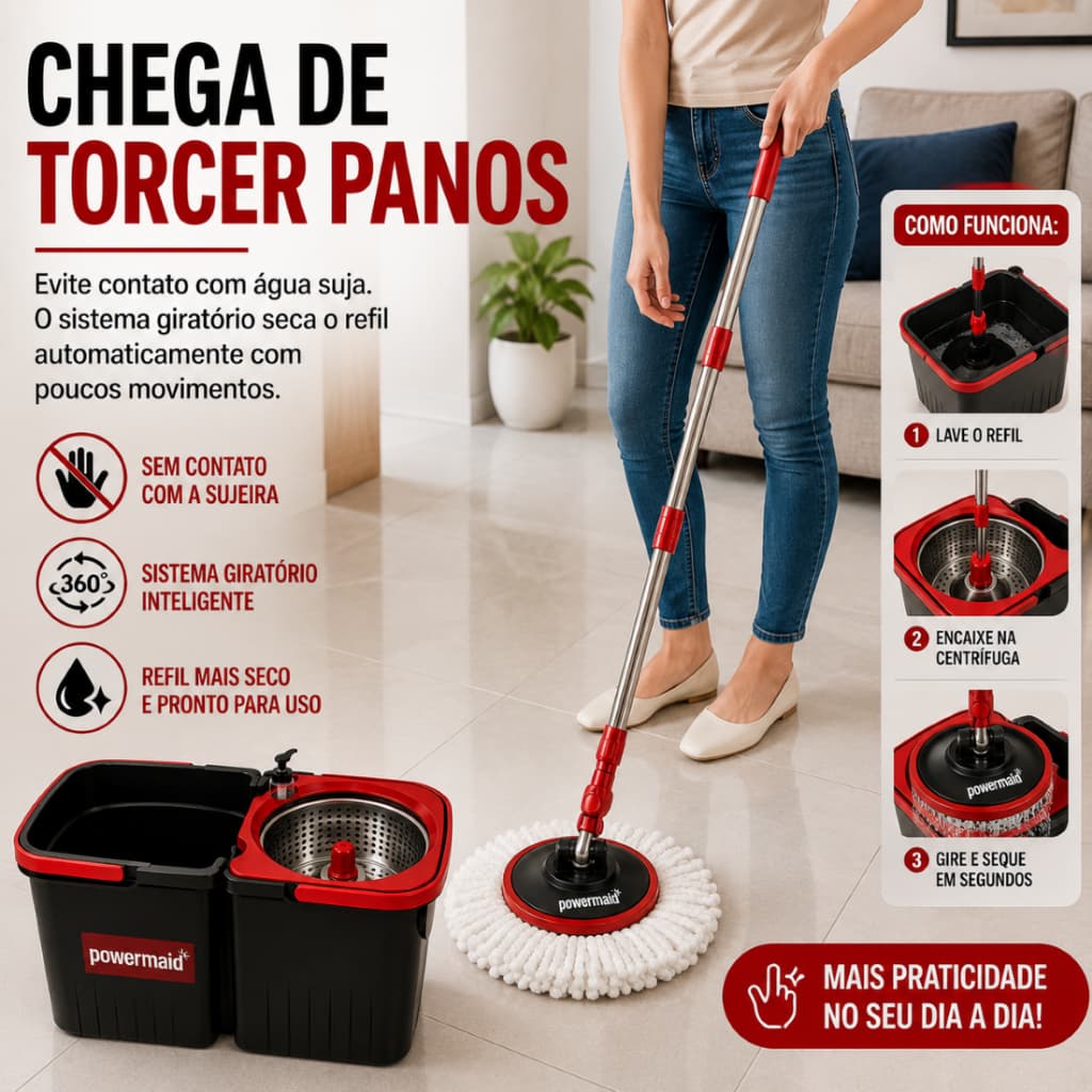 Mop Giratório Duo 360° Powermaid com Balde Duplo Centrífuga Inox 13L