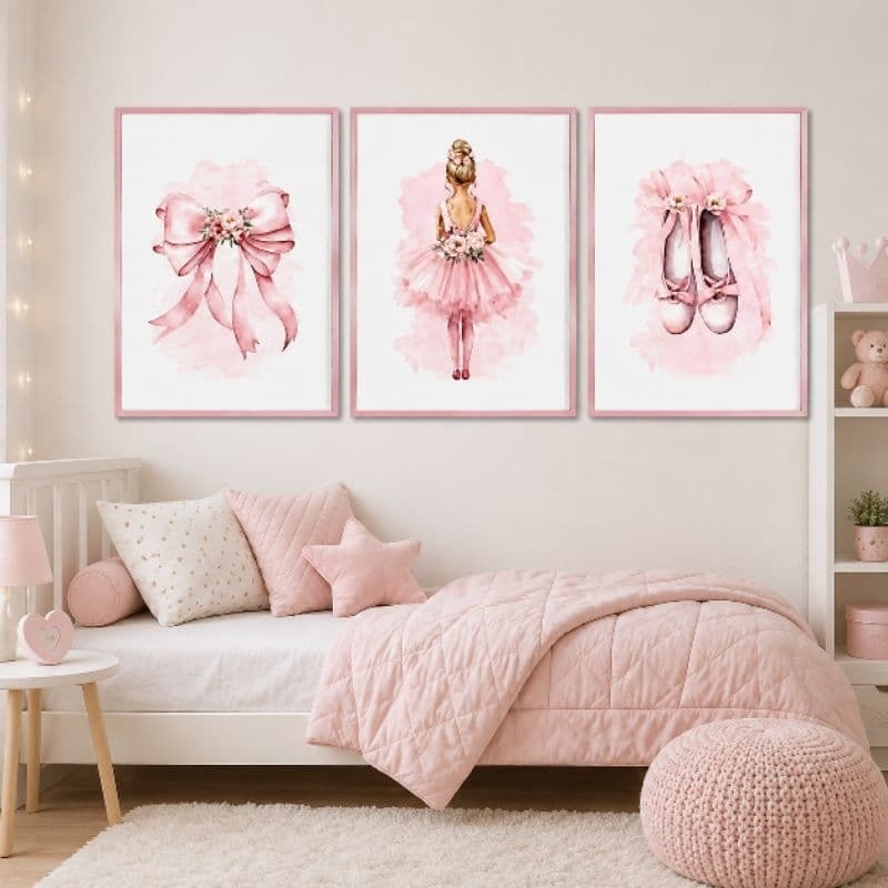 Quadro Decorativo Infantil Bailarina 3 Peças | Laço, Bailarina e Sapatilhas | Quarto de Menina | Sem Moldura